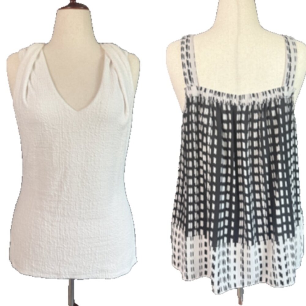 Michael Kors White blouse & Vince Camuto Black White Top M & Earrings Bundle